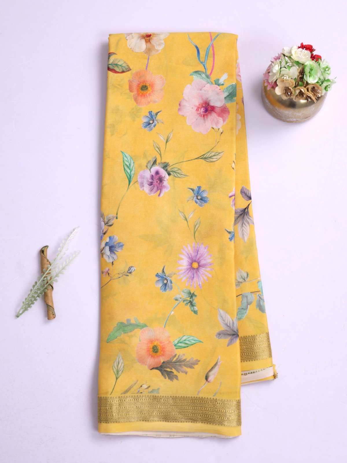 Yellow Printed Mysore Crepe Silk Saree With Zari Border 
