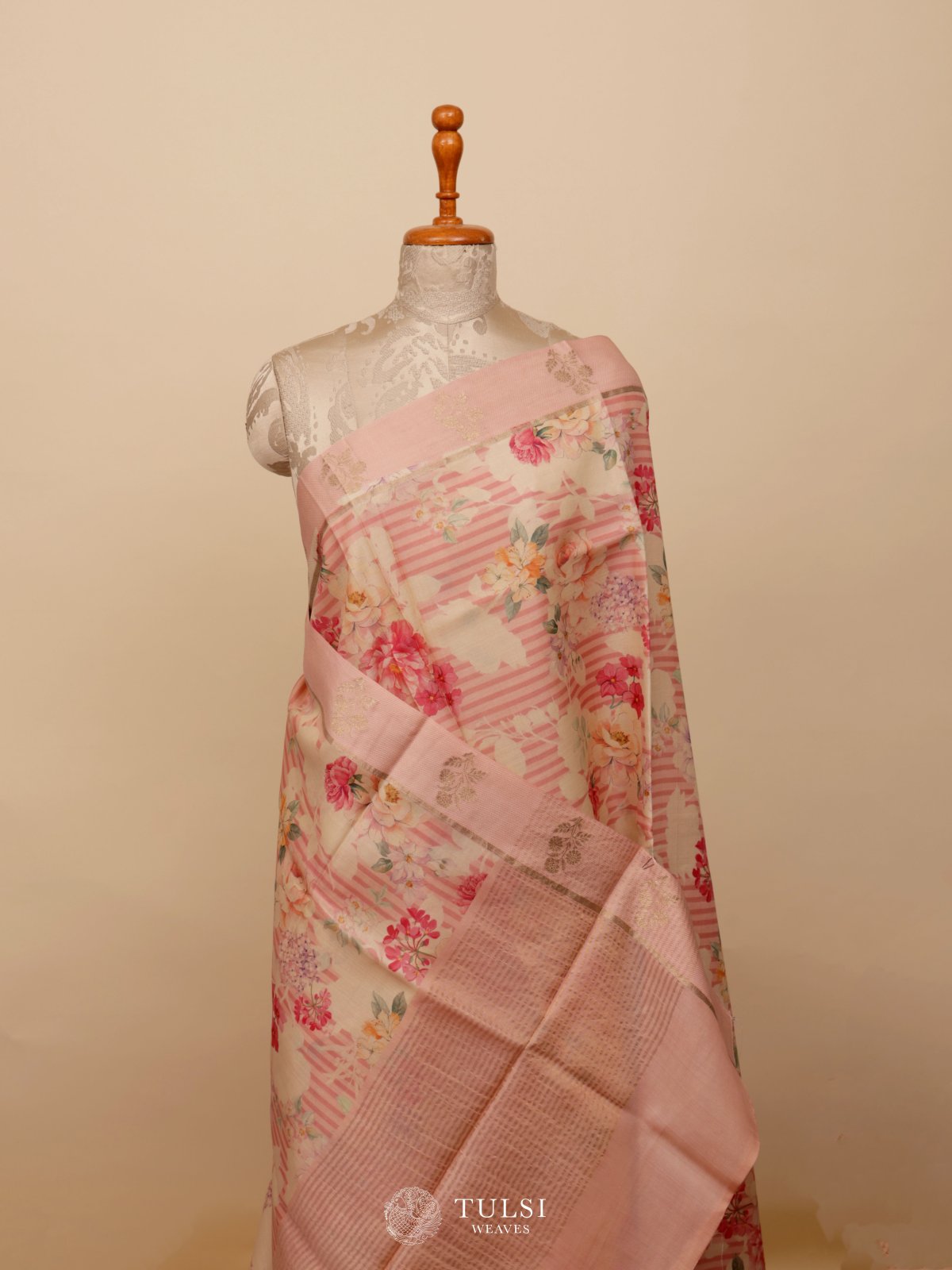Pastel Pink Printed Tussar Silk Saree