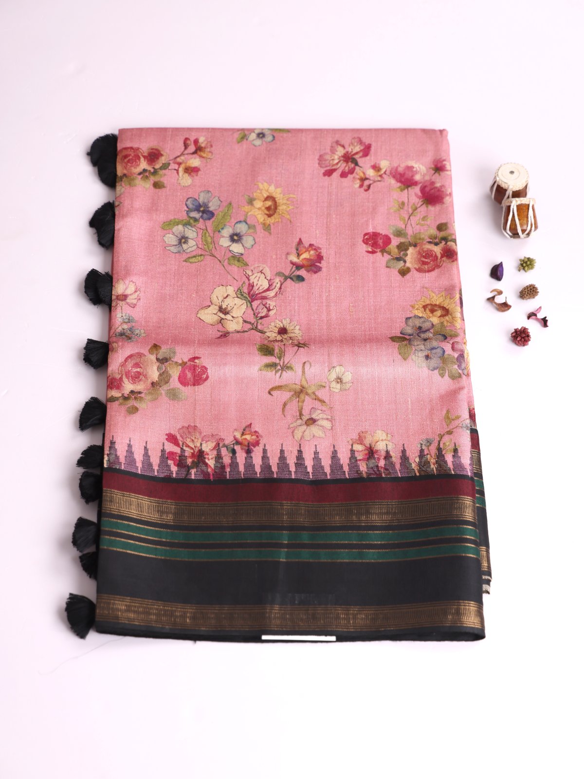 Dusty Pink Printed Tussar Silk Saree With Black Border