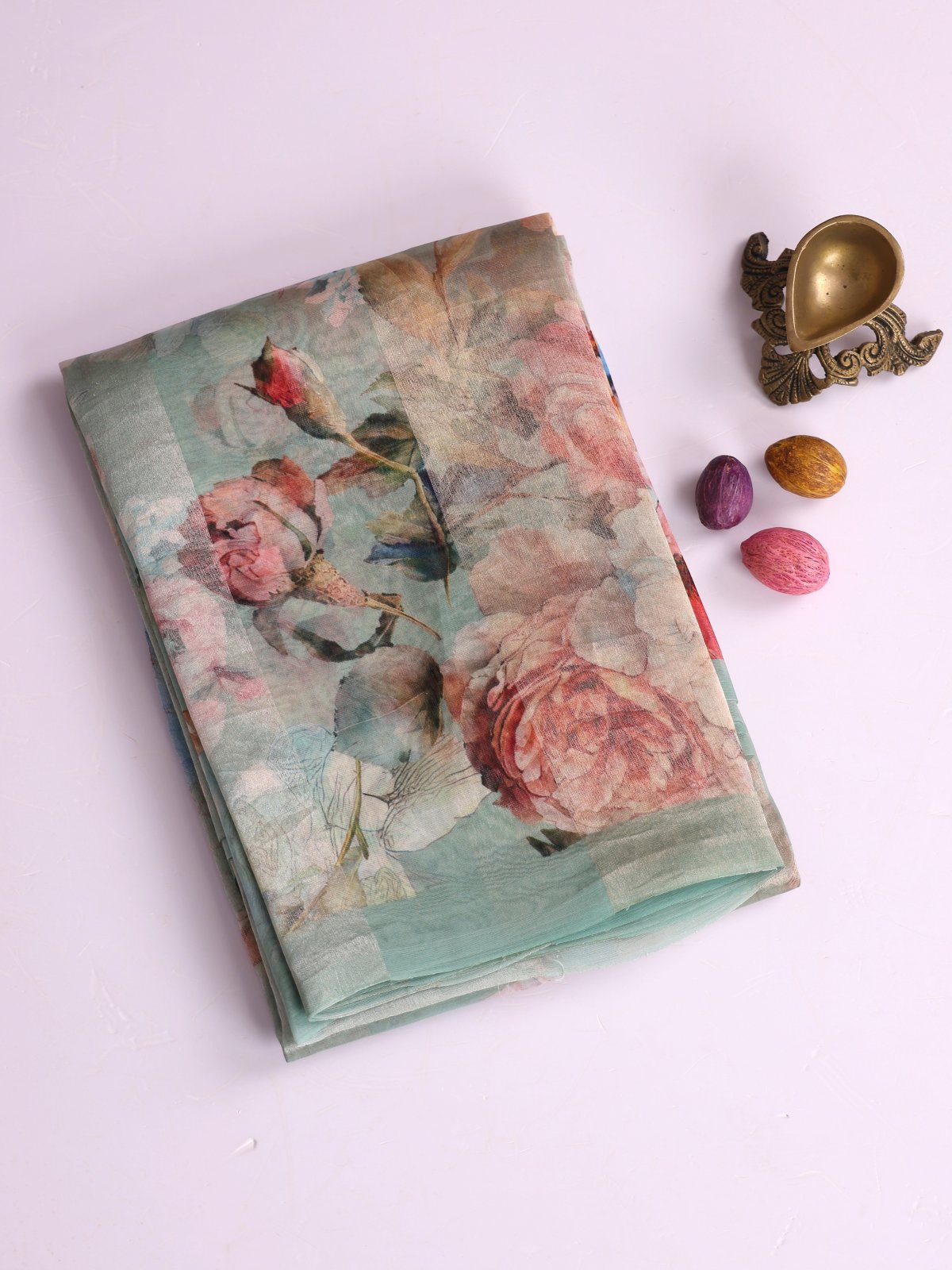 Pastel Green Printed Organza Silk Saree