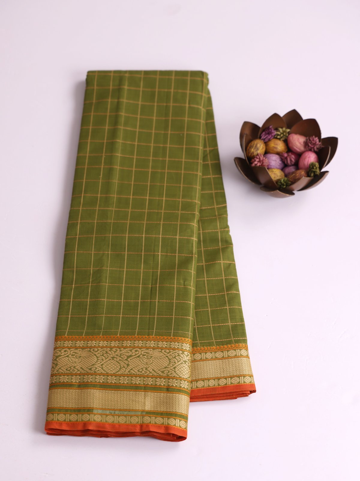 Mehndi Green Checked Kanchi Cotton Saree With Threadwork Border