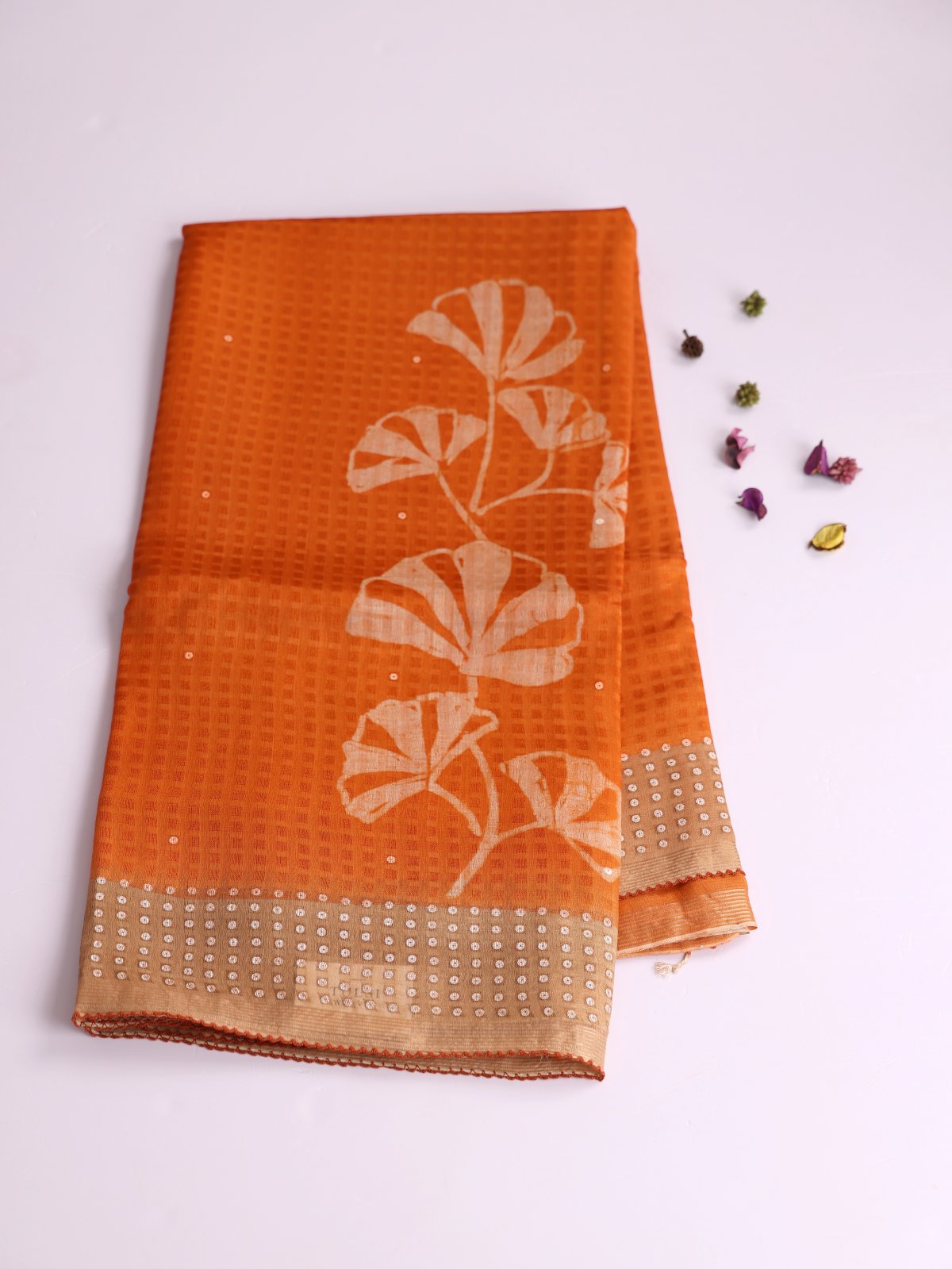 Orange Printed Organza Silk Saree With Sequins Border