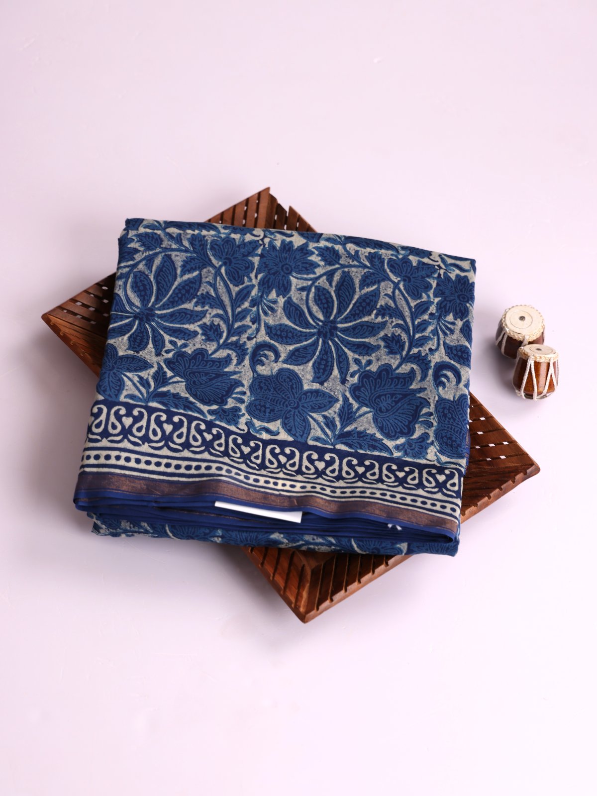 Greige Printed Chanderi Cotton Saree With Indigo Zari Border