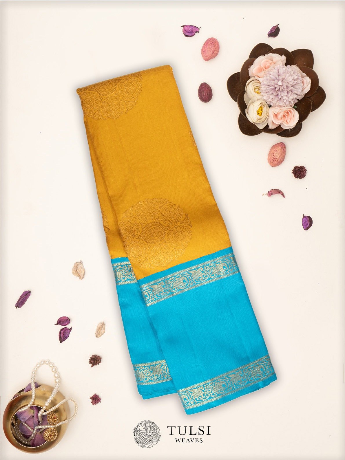 Mustard Kanjeevaram Silk Saree with Anandha Blue Border