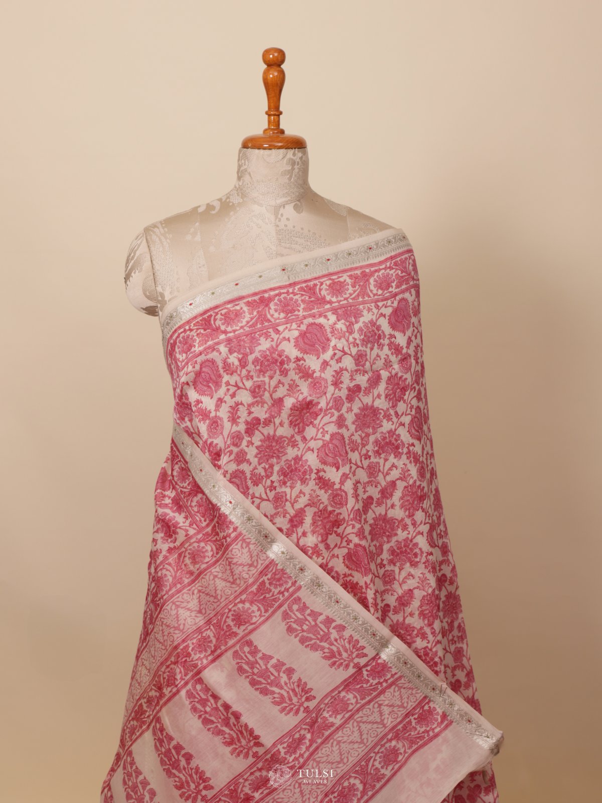 Off White Printed Chanderi Silk Saree