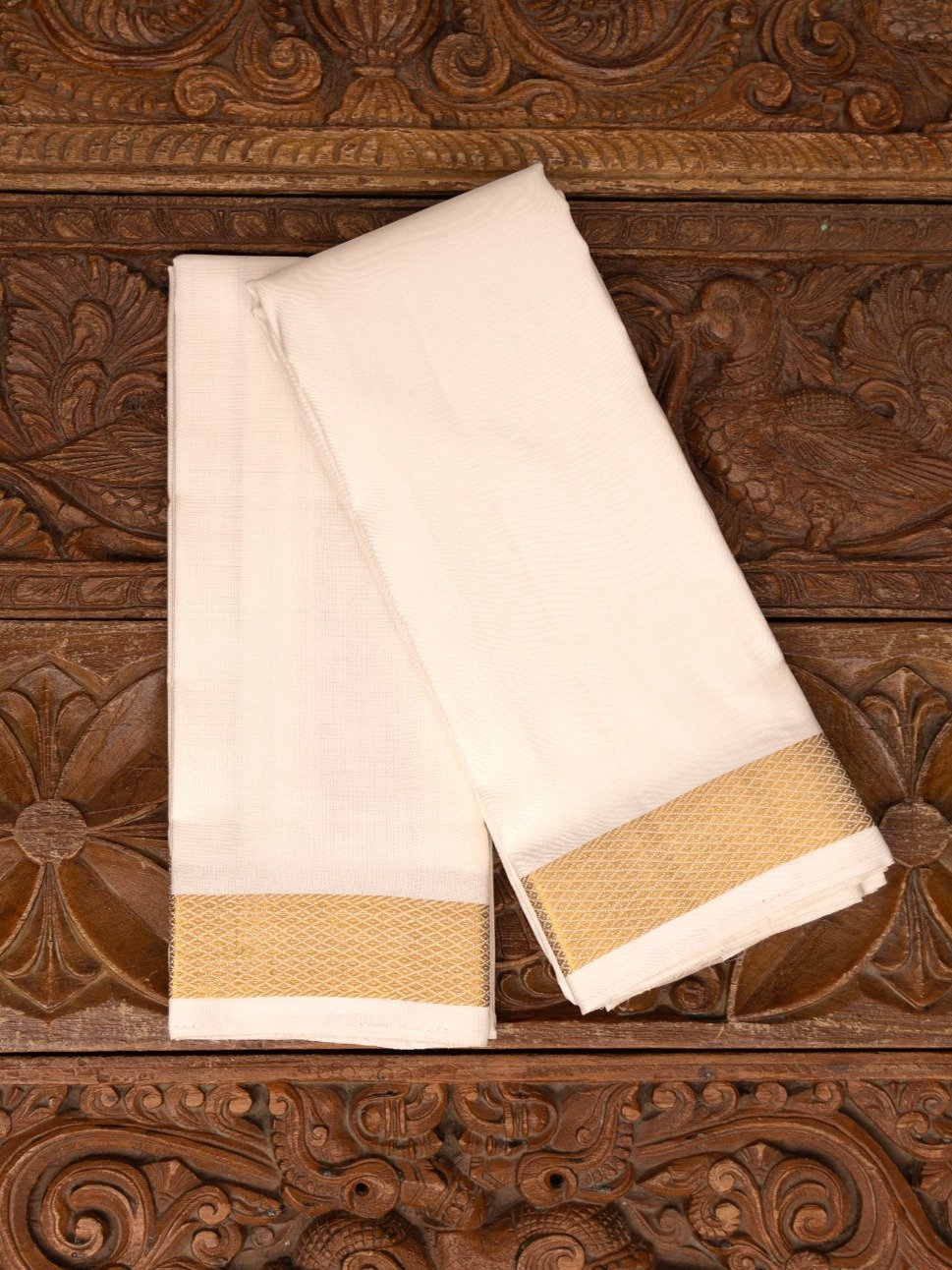 White Silk Dhoti and Vasthram With Tissue Gold Self Zari Border