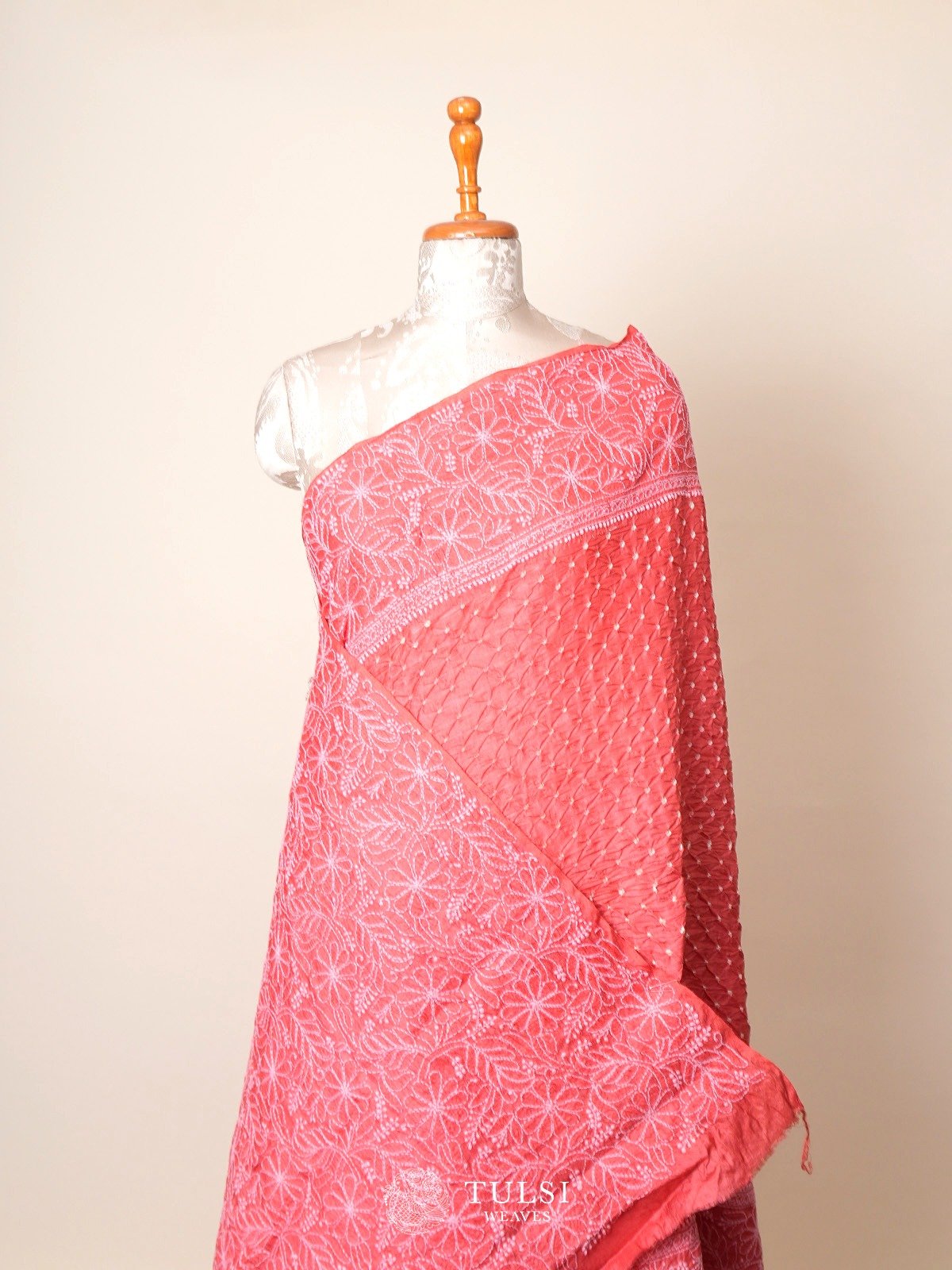 Orangish Peach Bandhini Tussar Silk Saree