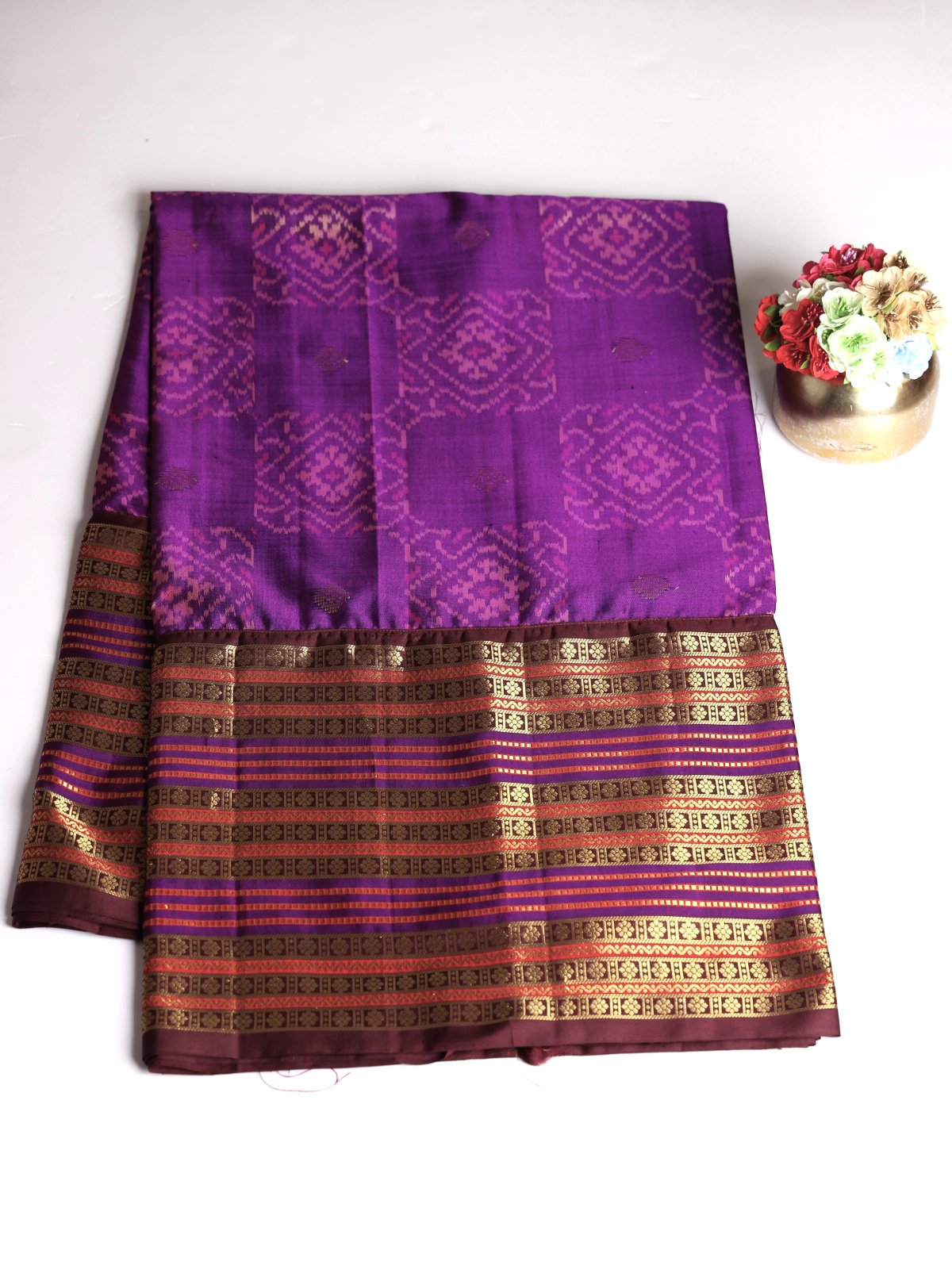 Purple Patola Silk Saree With Brown Kanjeevaram Zari Border