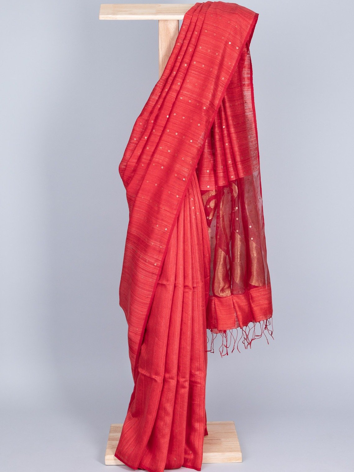  Reddish Orange Woven Tussar Silk Saree