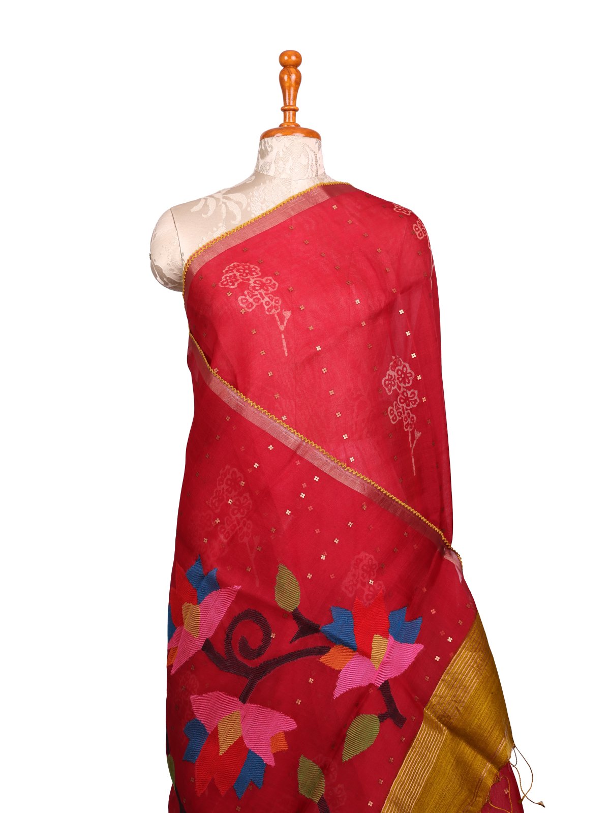 Red Printed Organza Silk Saree With Jamdani Pallu