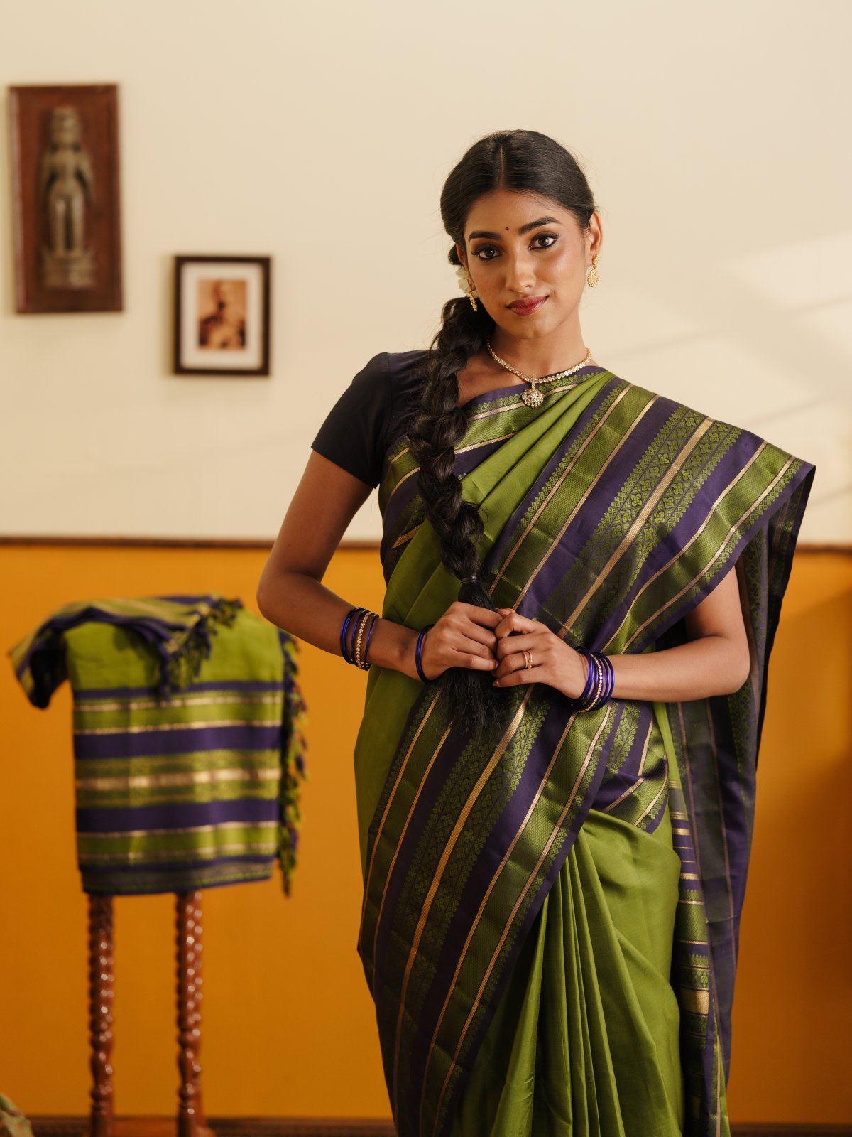 Vintage 21 - Mehndi Green Kanjeevaram Silk Saree With Navy Blue Border