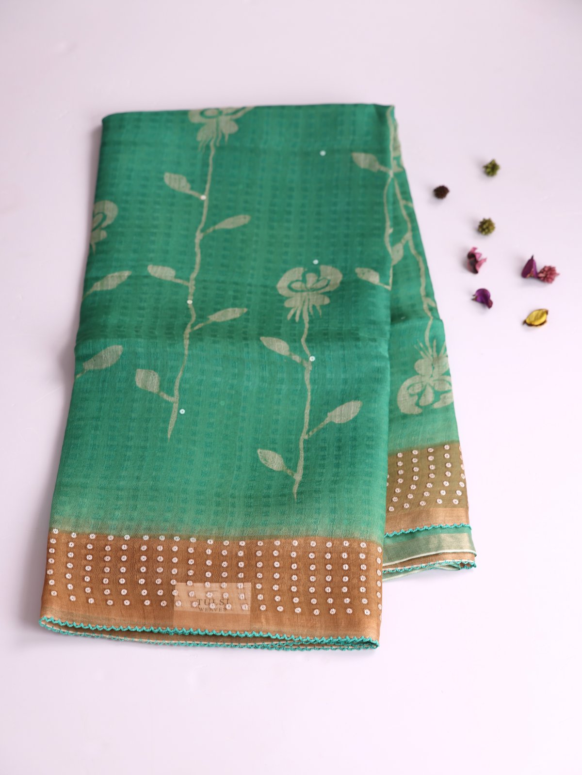 Green Printed Organza Silk Saree With Sequins Border