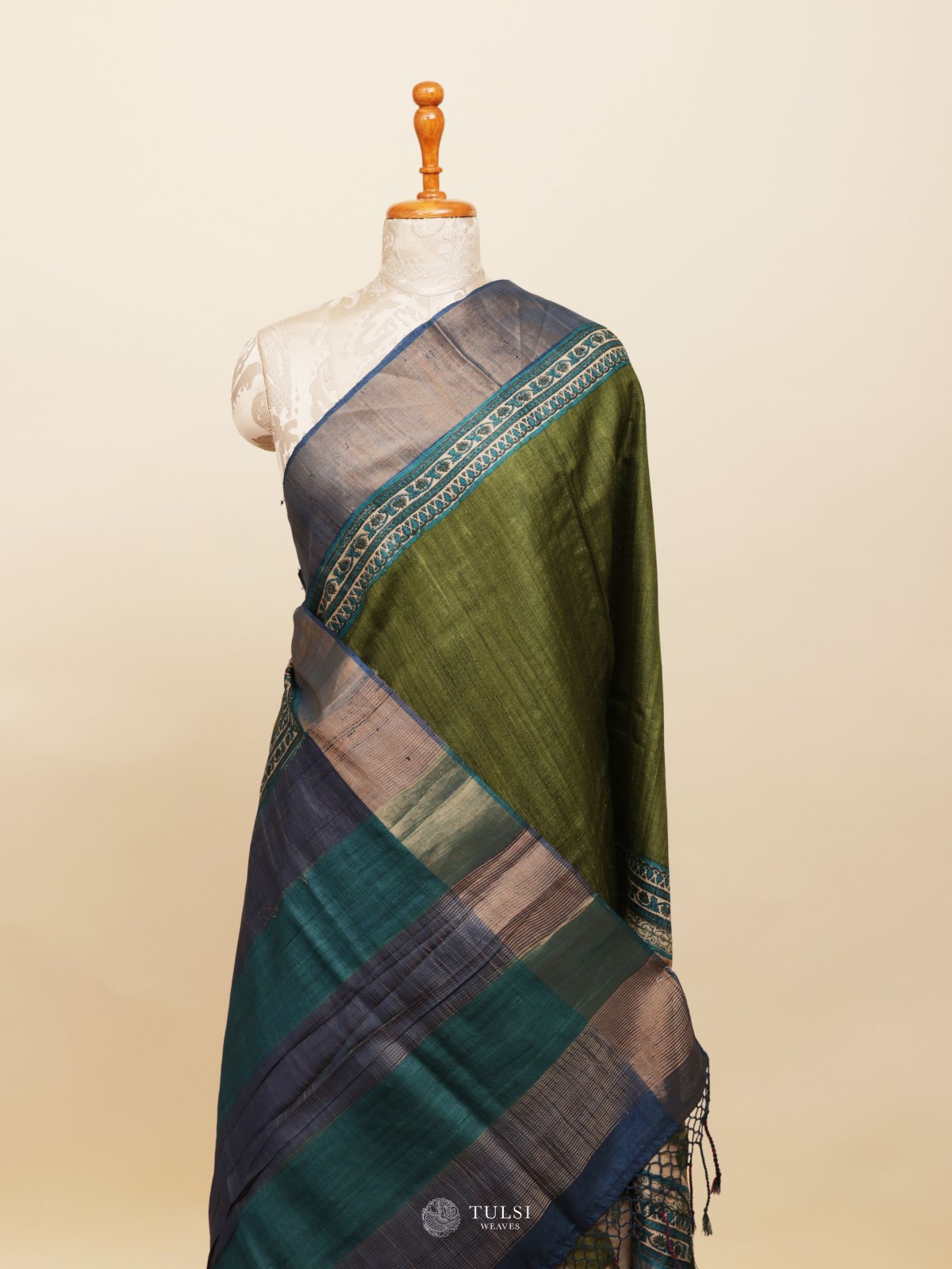 Green Hand Painted Tussar Silk Saree With Navy Blue Broder