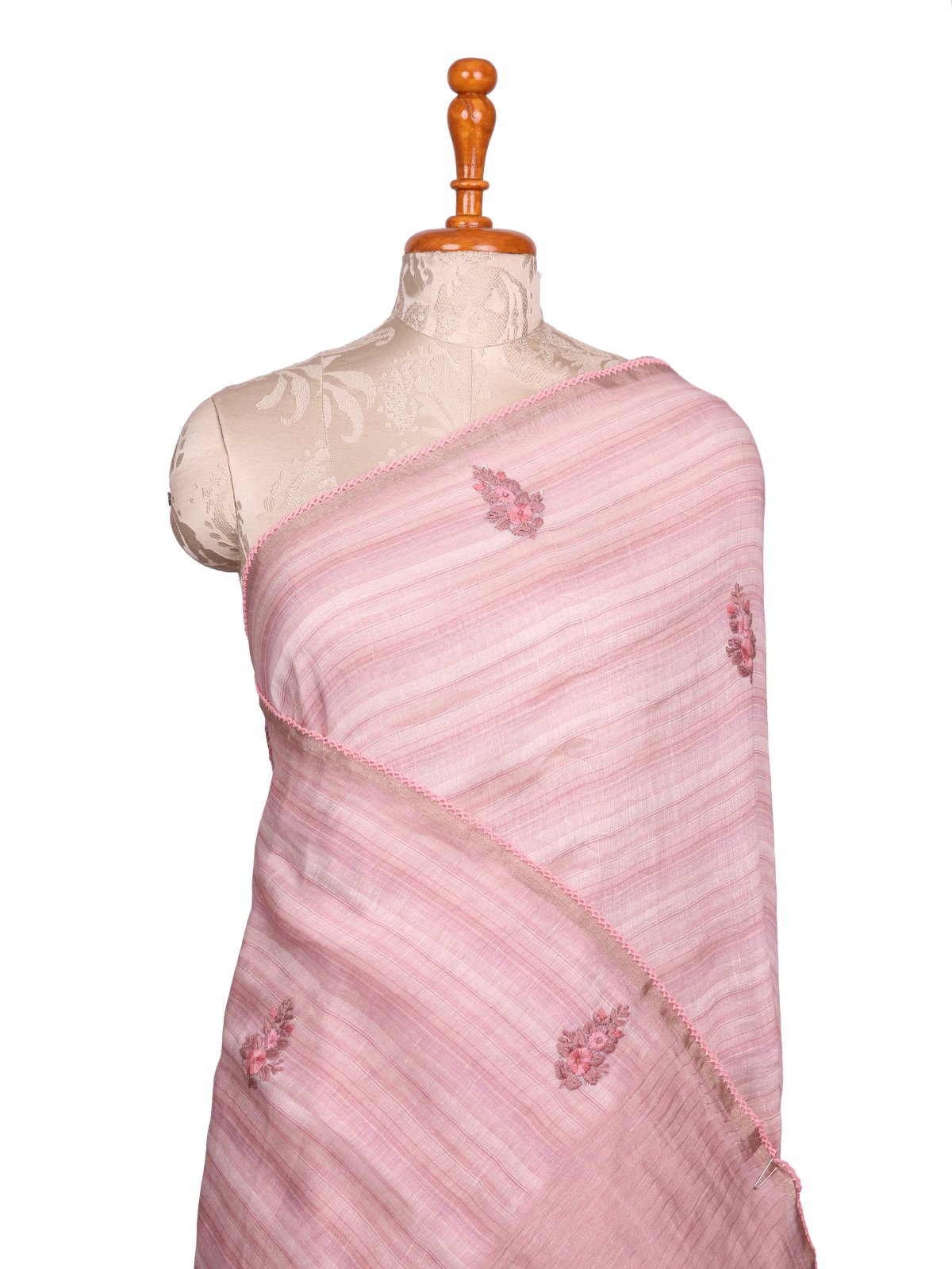 Pink Striped Linen Saree with Embroidery