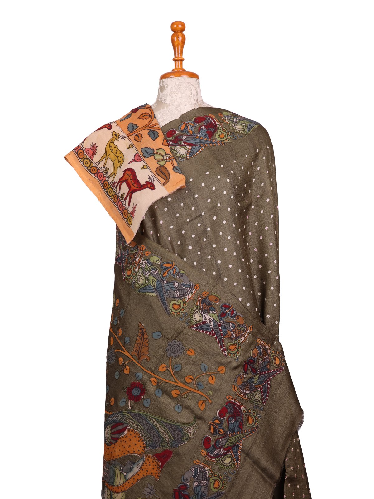 Dark Olive Green Bandhini Tussar Silk Saree With Kalamkari Work