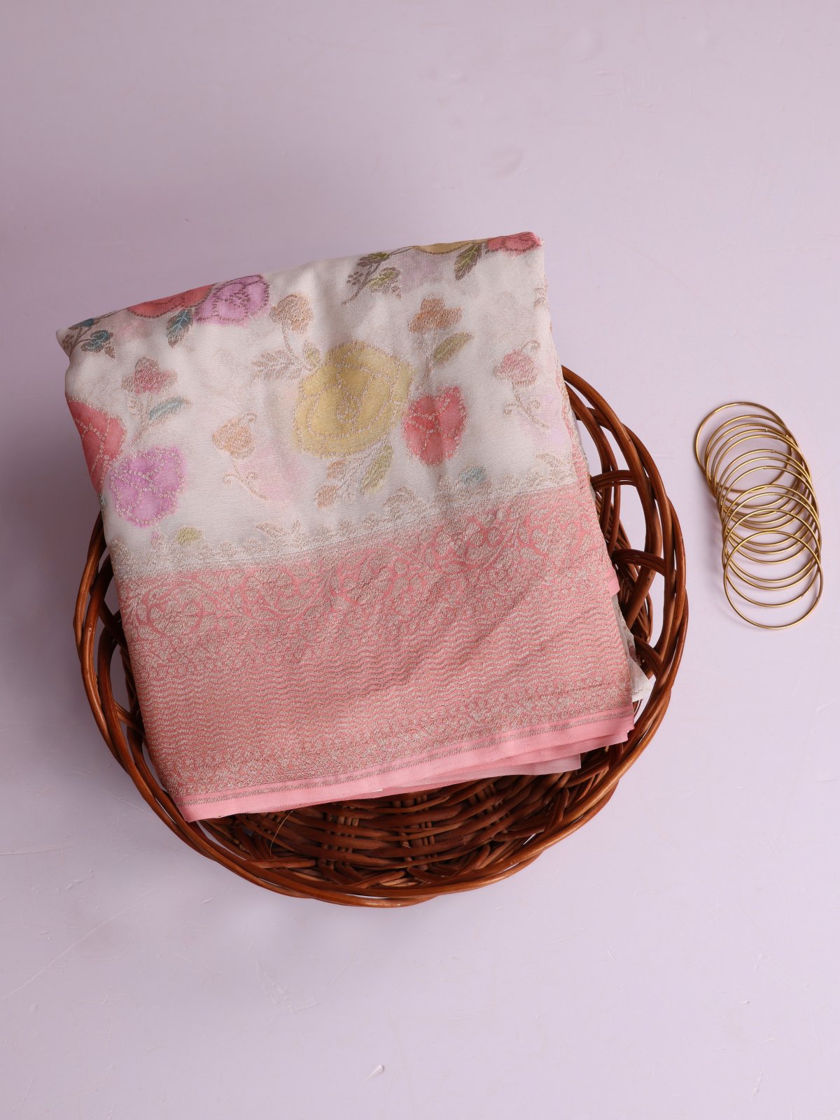 White Printed Banaras Georgette Silk Saree With Peachy Pink Border