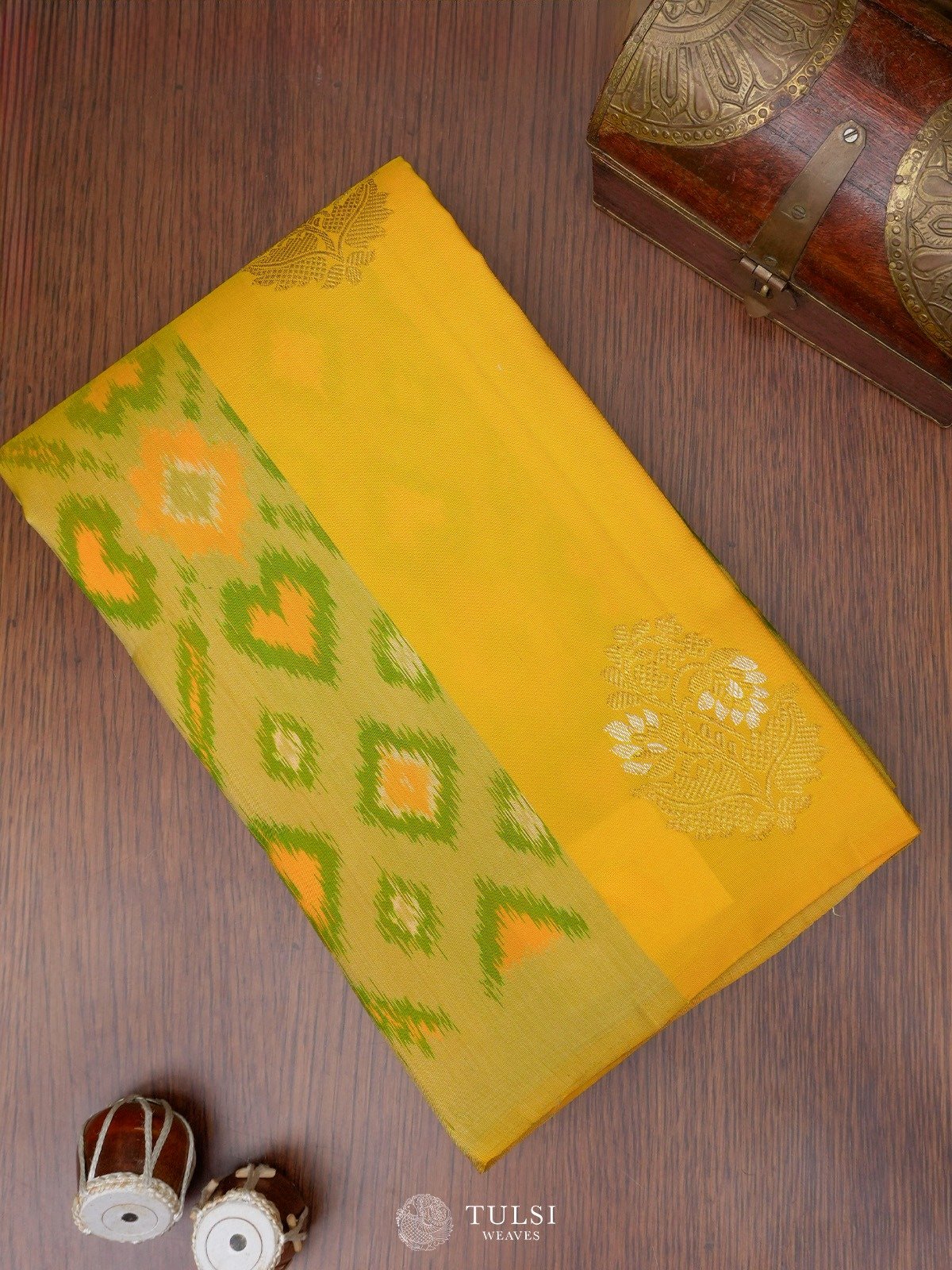 Mustard Kanjeevaram Silk Saree with Ikat Pattern