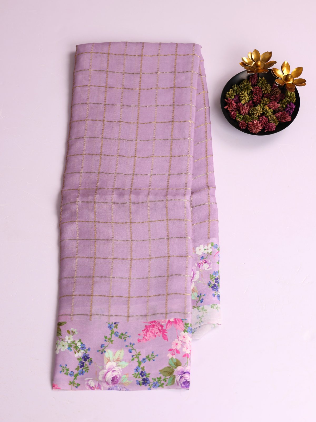 Dusty Lavender Checked Crepe Silk Saree with Printed Satin Border