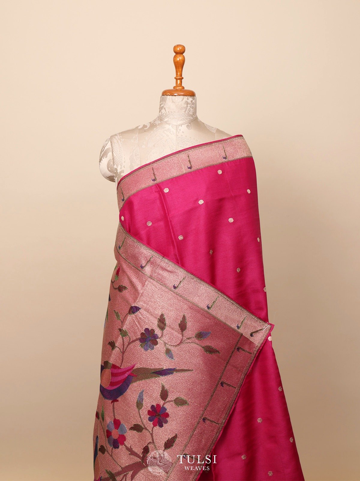 Rani Pink Tussar Paithani Embroidery Saree