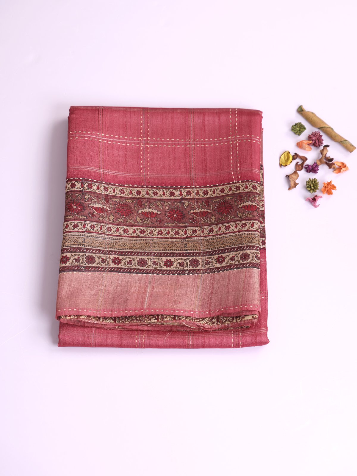 Pink Zari Checked Tussar Silk With Printed Border