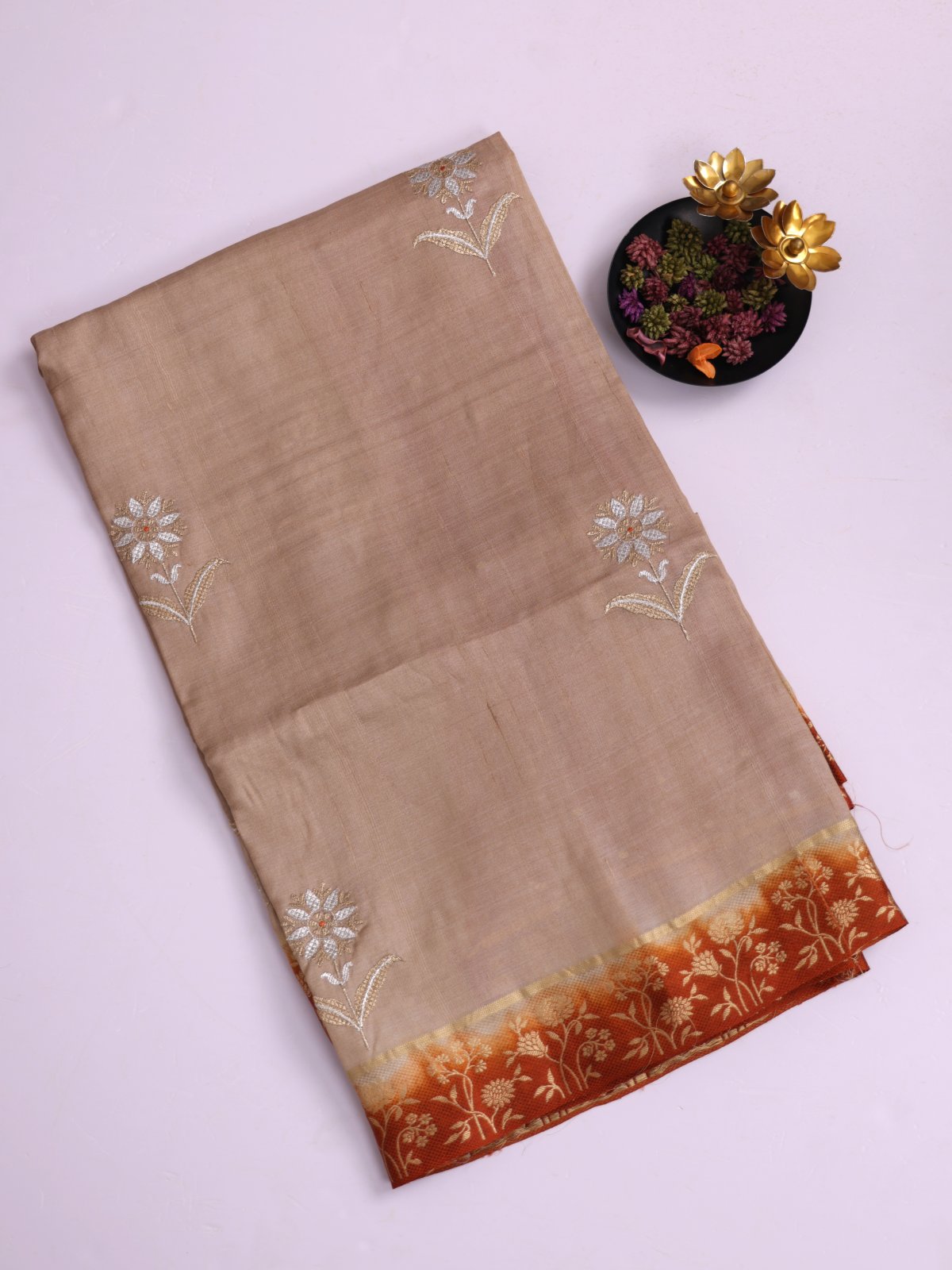 Beige Tussar Silk Saree With Rust Border