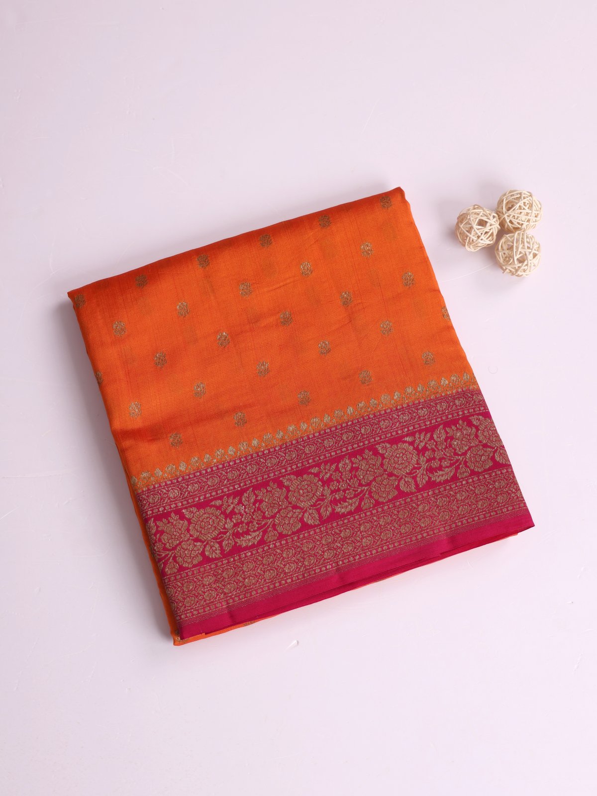 Reddish Orange Chaniya Silk Saree With Dark Pink Border