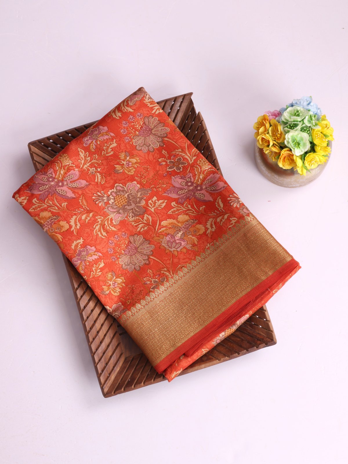 Orange Printed Chaniya Silk Saree With Zari Border