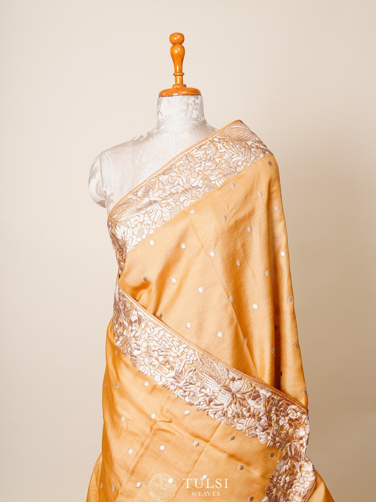 Mustard Tussar Silk Saree with Floral Embroidery Border