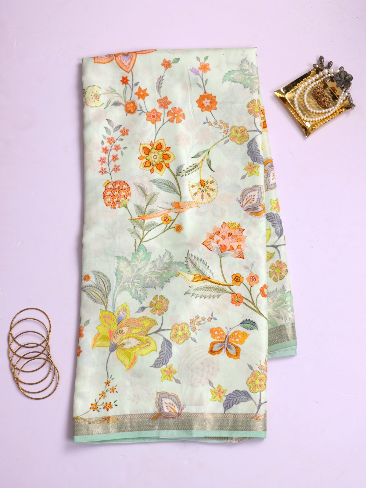 Light Green Printed Banaras Silk Saree With Zari Border