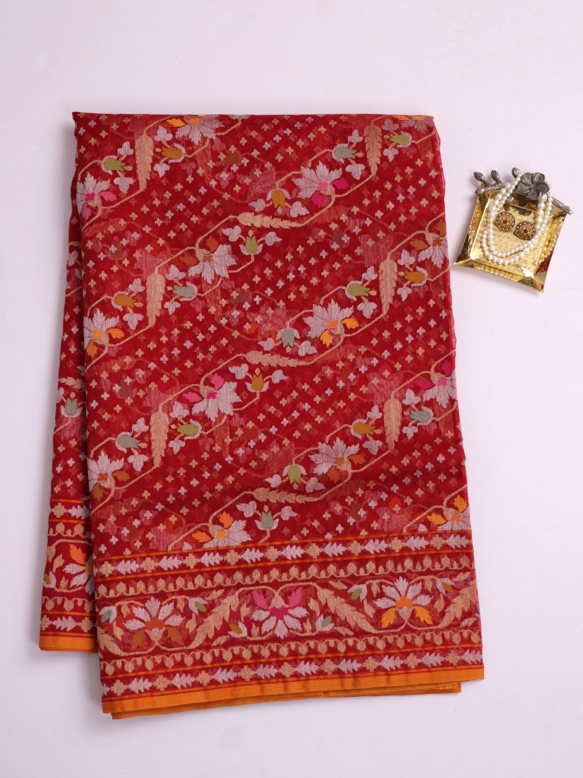 Red Kora Jamdani Silk Saree