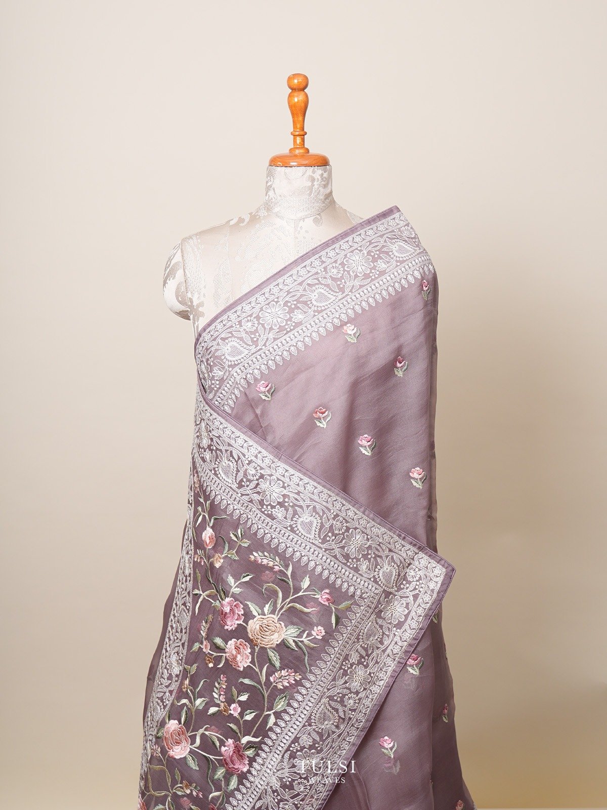 Purplish Grey Organza Embroidery saree 