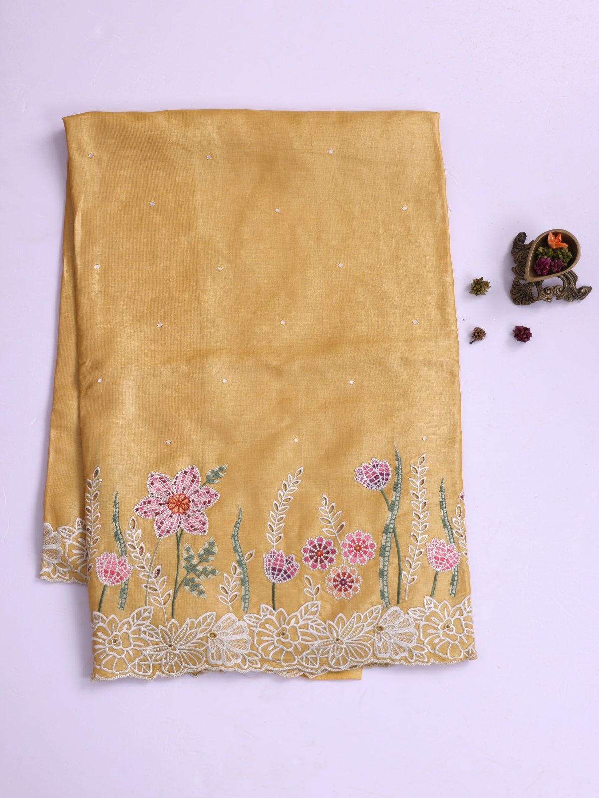 Yellow Tussar Silk Saree With Embroidered Cutwork Border