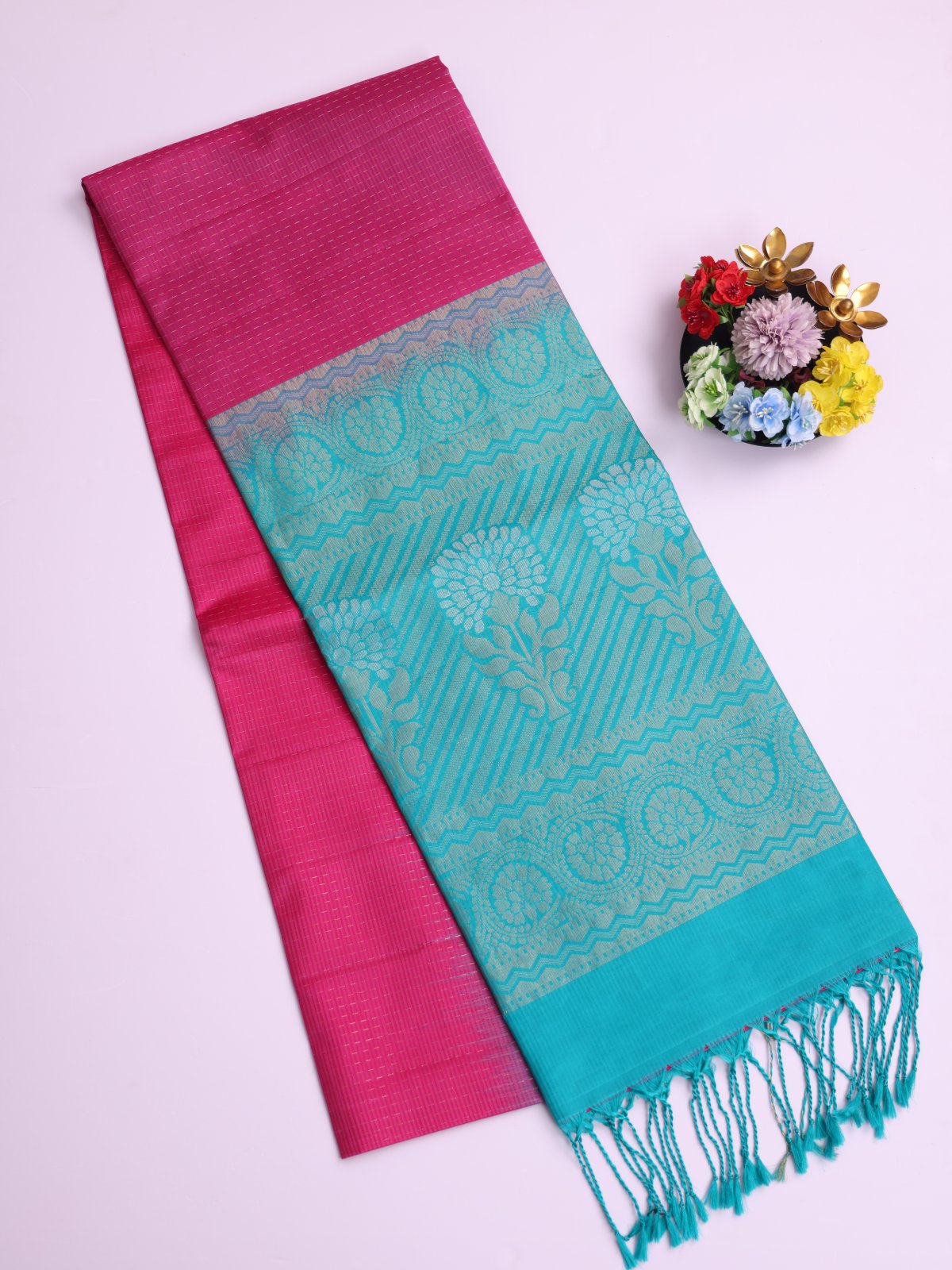 Lotus Pink Soft Silk Saree With Turquoise Blue Border