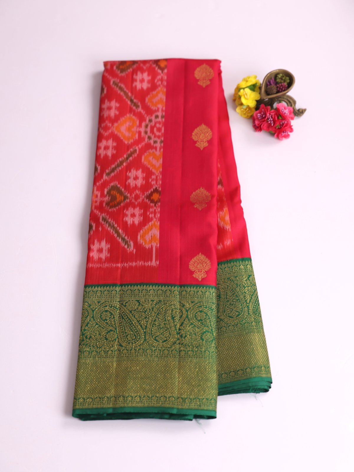 Pinkish Red Kanjeevaram Ikat Silk Saree With Bottle Green Border
