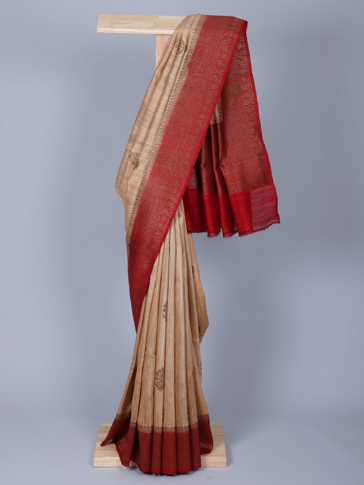 Beige Tussar Banaras Silk Saree With Red Border