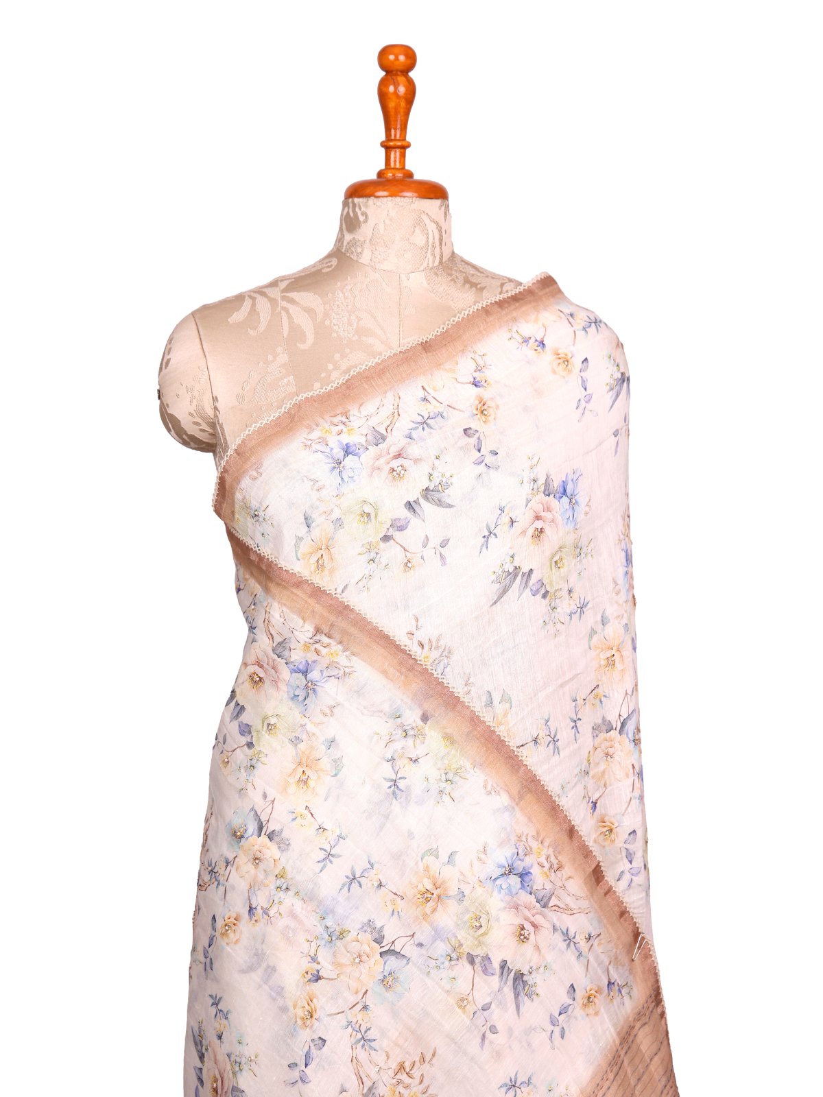 Off-White Printed Linen Saree With Multi Color Checks