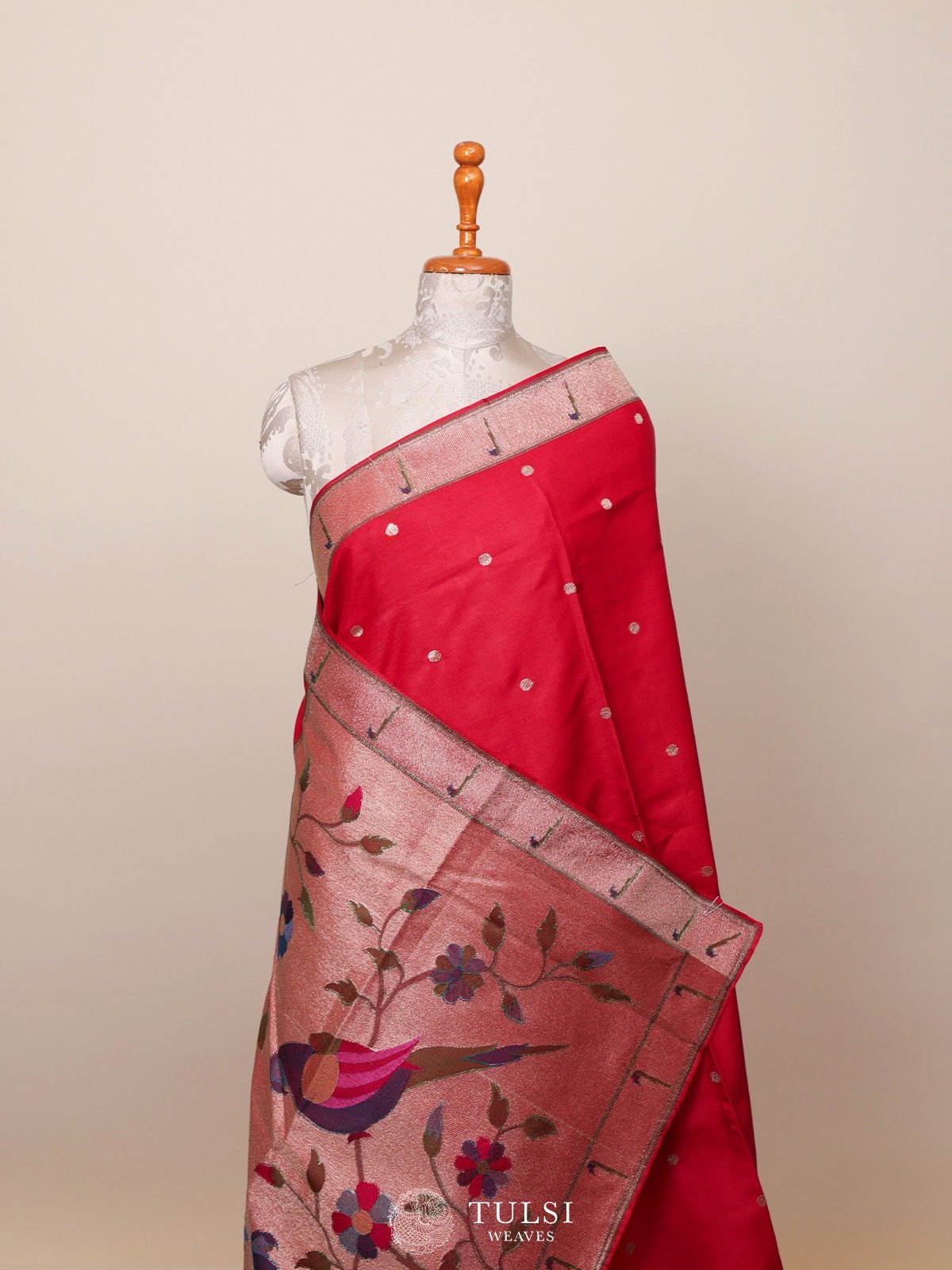 Red Tussar Paithani Embroidery Saree