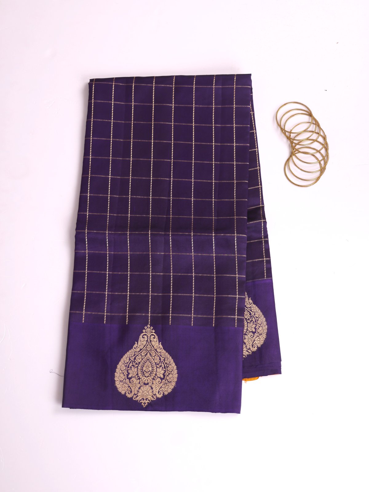 Dark Violet Zari Checked Mashru Silk Saree With Satin Border