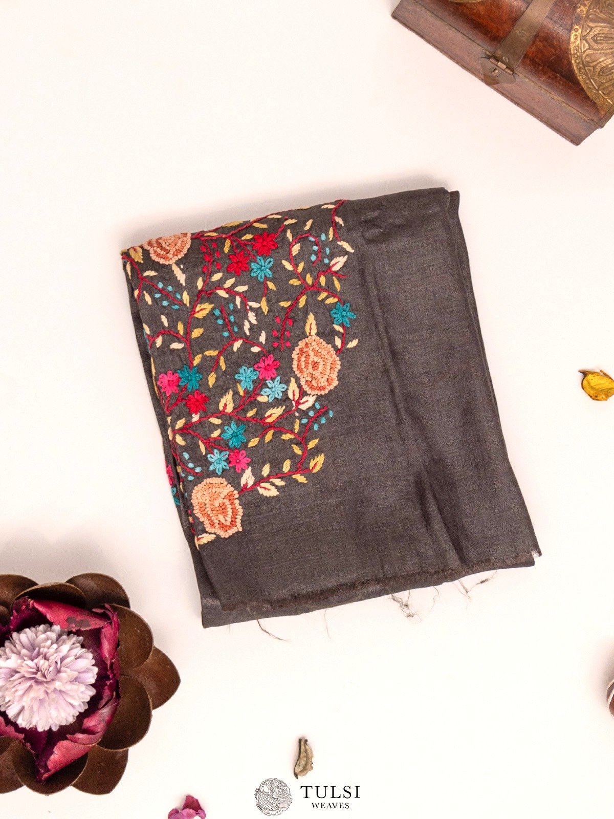 Dark Grey Tussar Blouse With Floral Embroidery