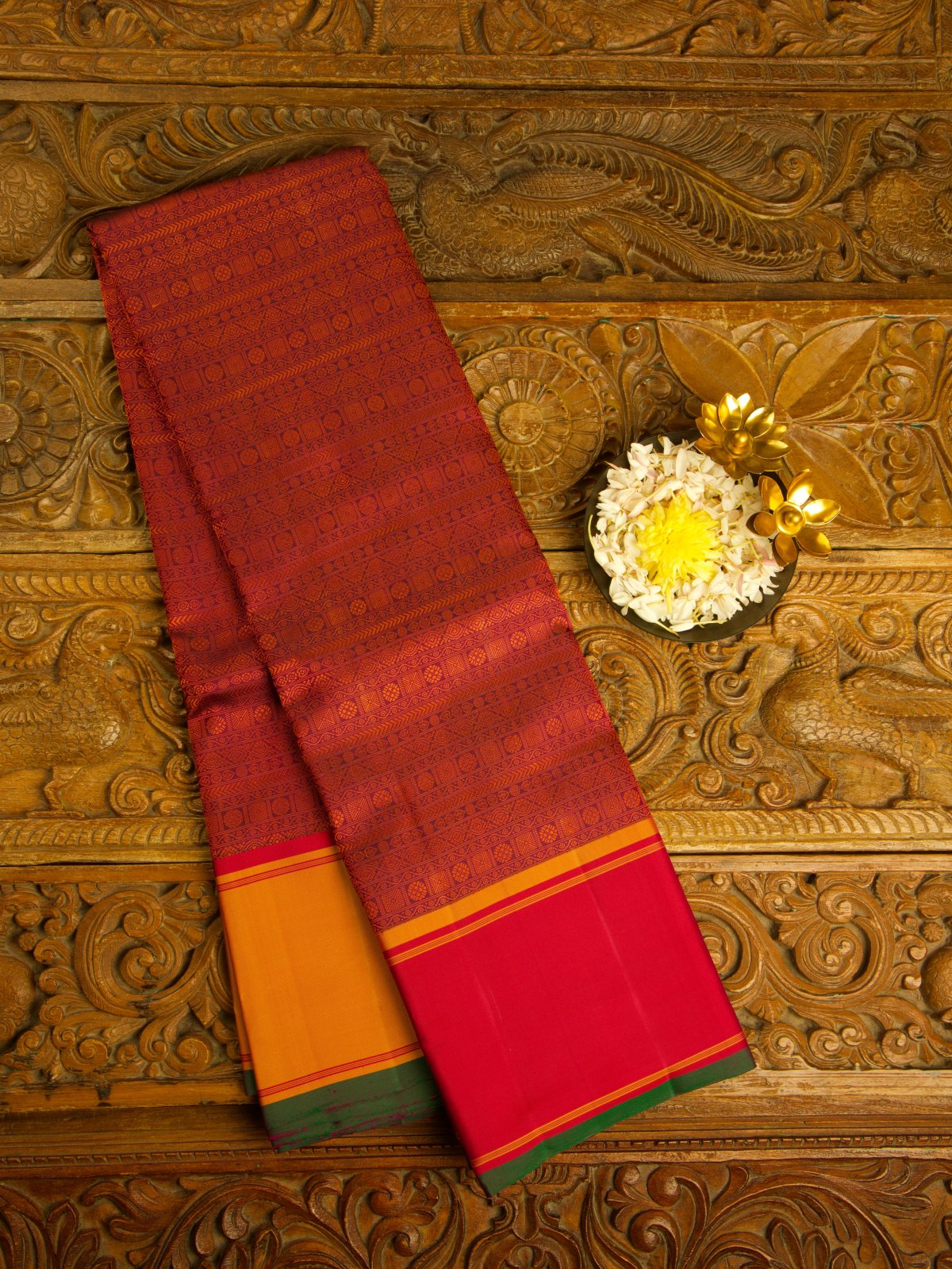 Magenta Body With Orange Thread Work Kanjeevaram Saree Silk Saree