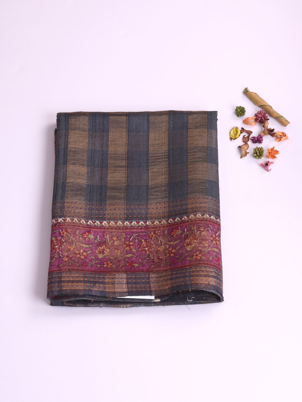 Gray Zari Checked Tussar Silk With Printed Border