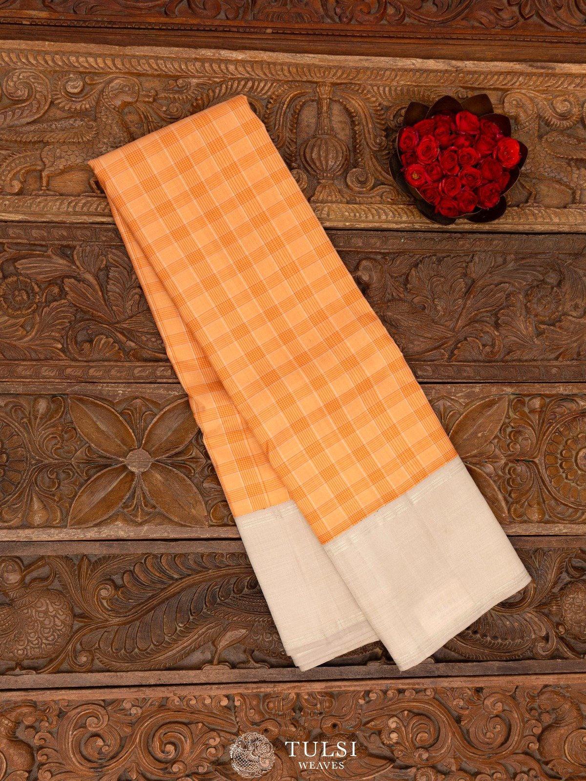 Dusty Orange Checked Kanjeevaram Silk Saree