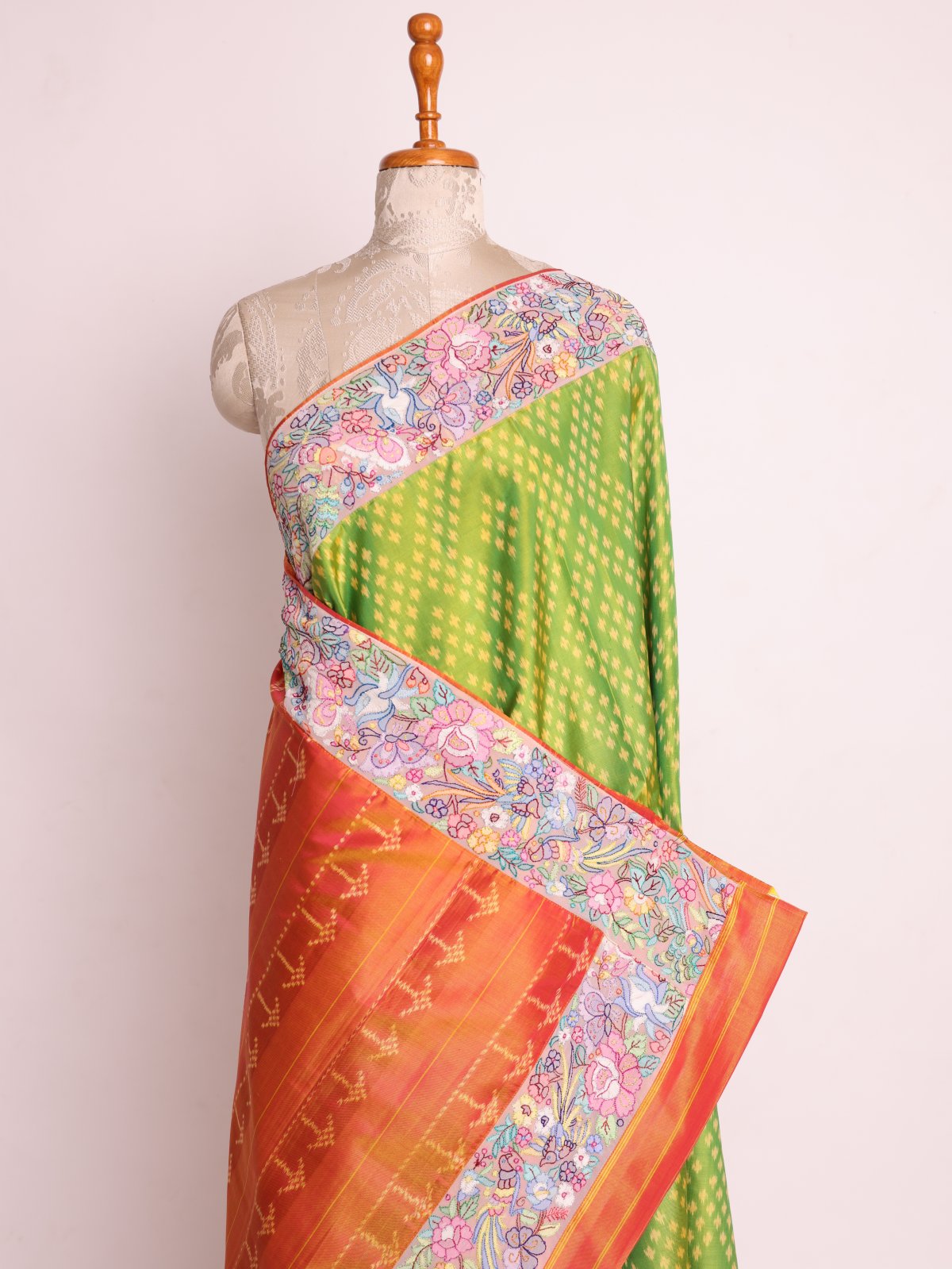 Lime Green Patola Silk Saree With Shadow Embroidered Border