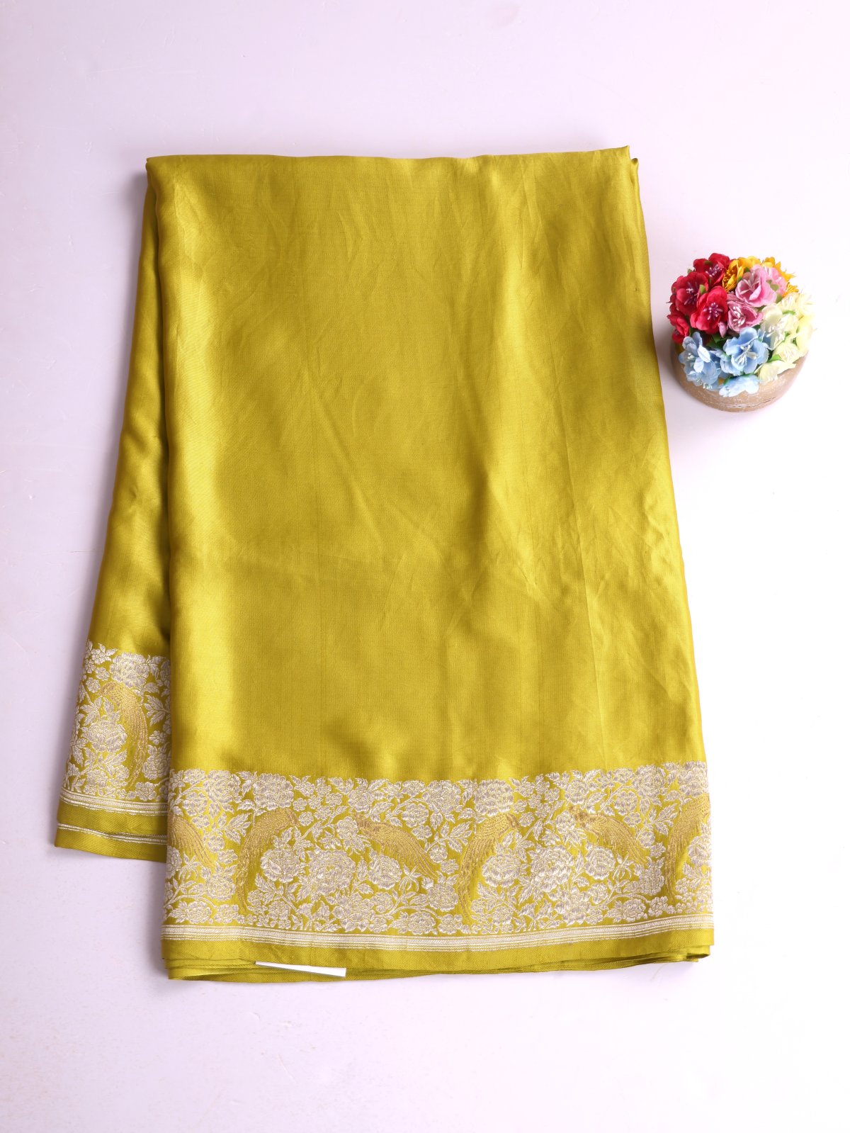 Greenish Yellow Mashru Silk Saree With Zari Border