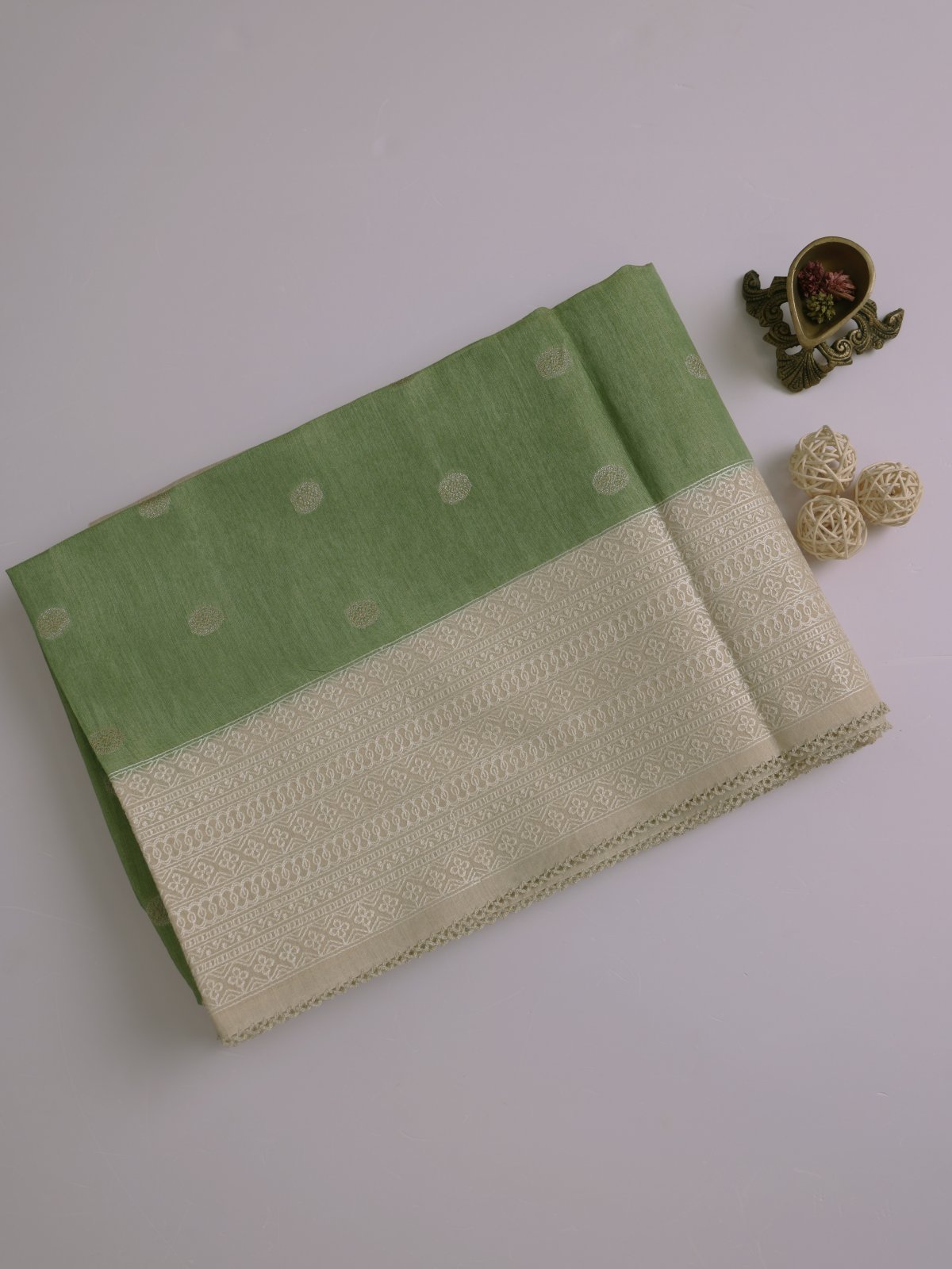 Pista Green Tissue Munga Tussar Silk Saree With Beige Border