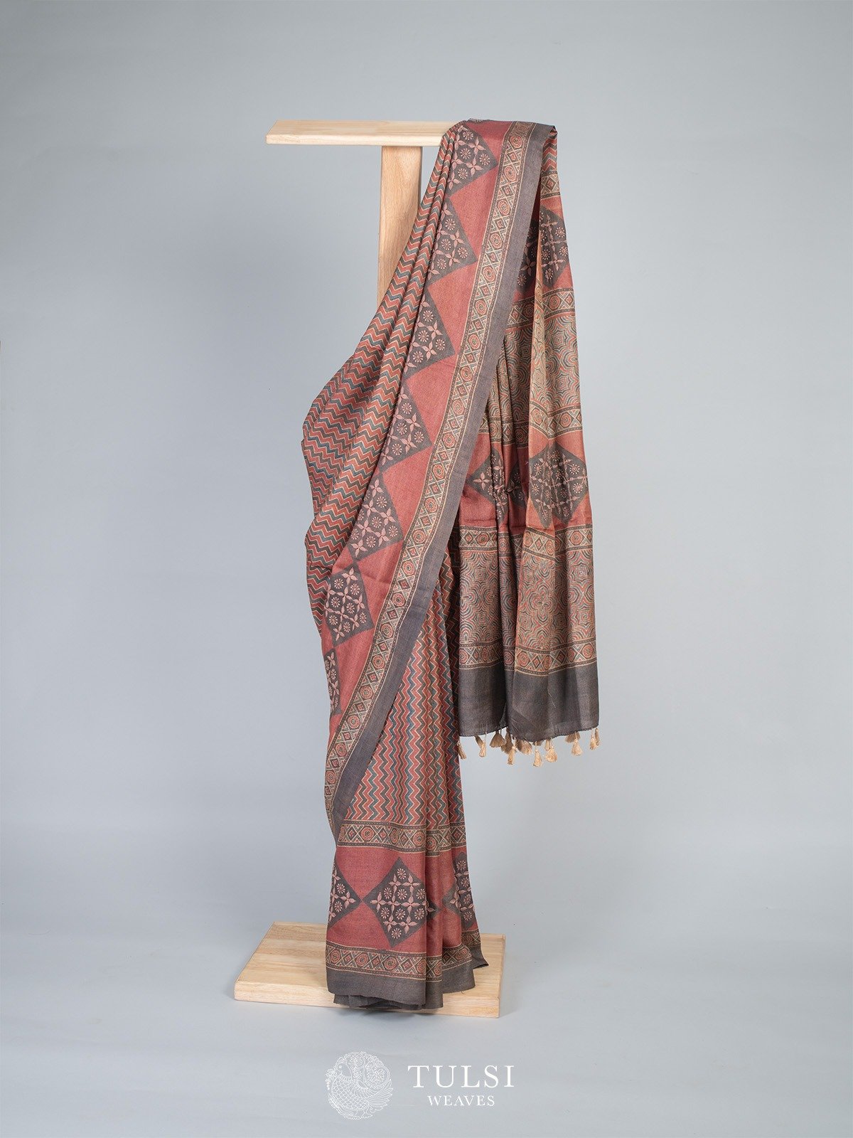 Dusty Copper And Grey Tussar Ajrakh silk saree