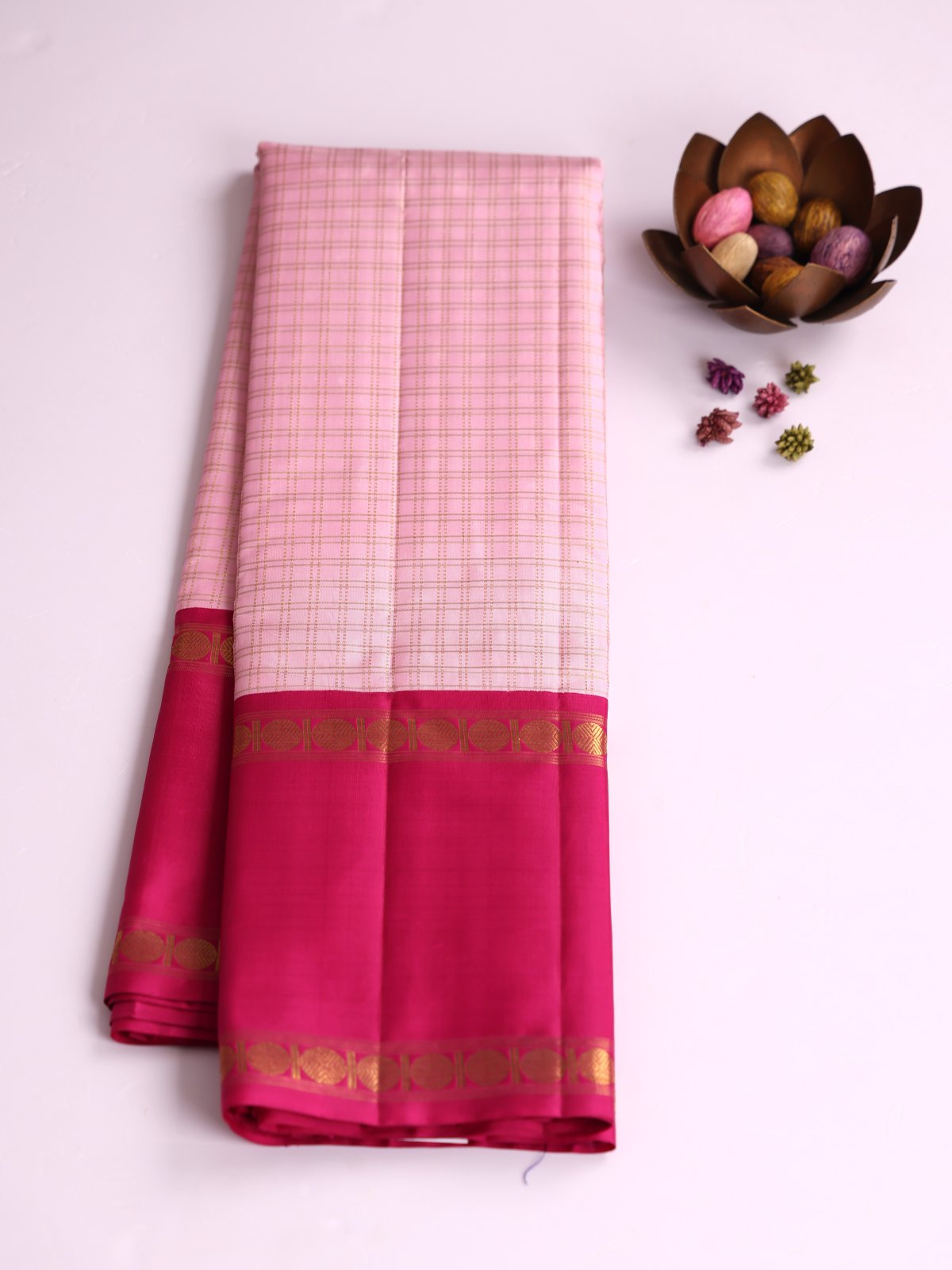 Baby Pink Zari Checked Kanjeevaram Silk Saree With Dark Pink Border
