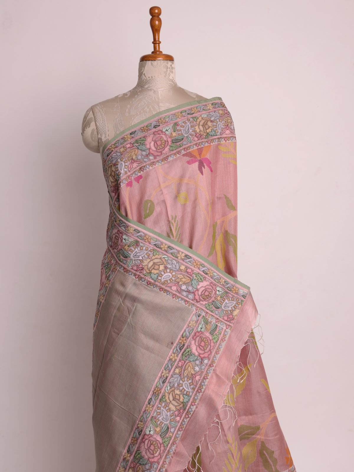 Dusty Peach Banaras Tussar Jamdani Silk saree With Shadow Embroidered Border