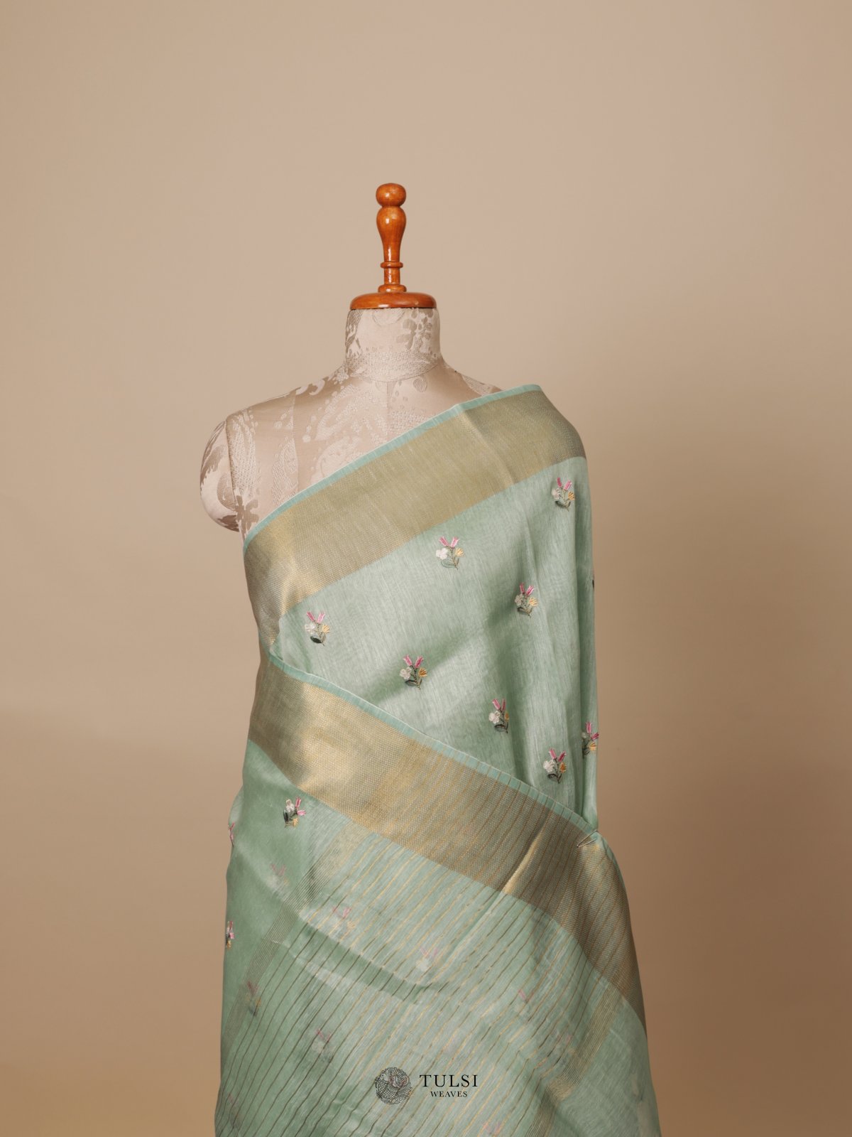 Sea Green Linen Saree With Embroidery