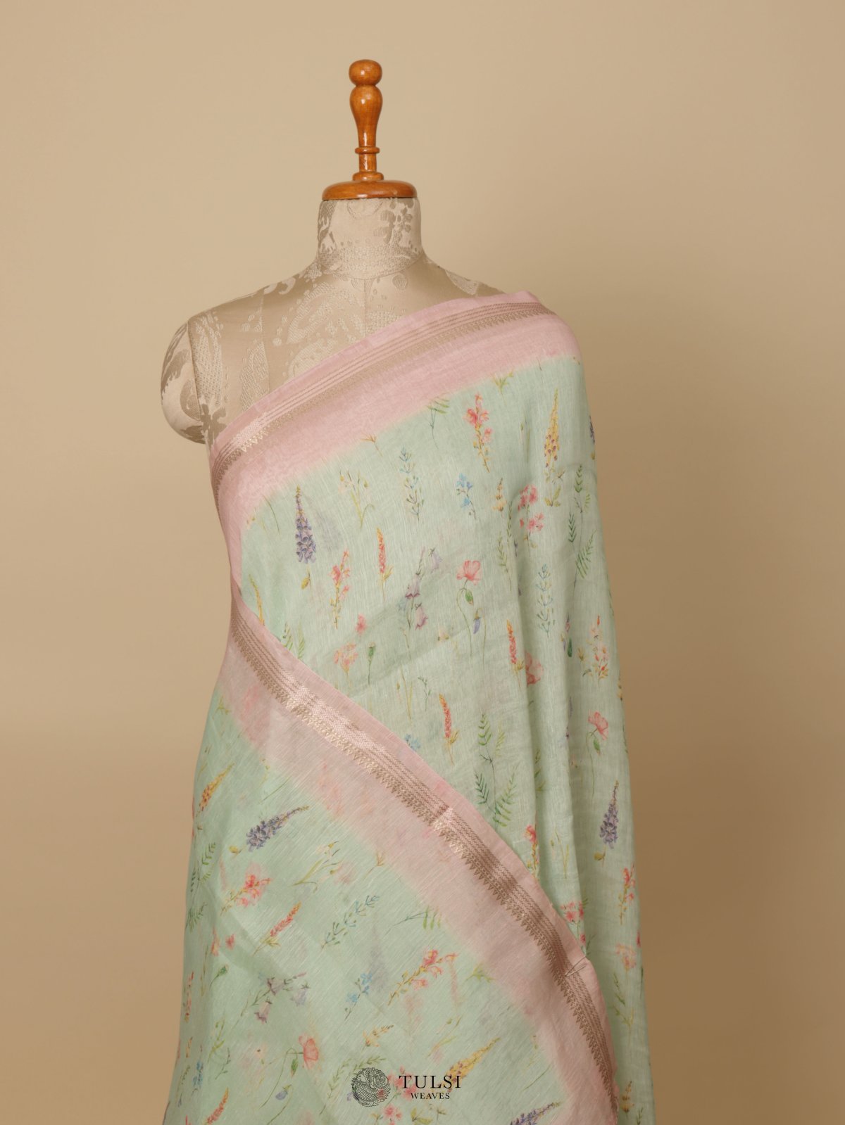 Light Green Printed Linen Saree